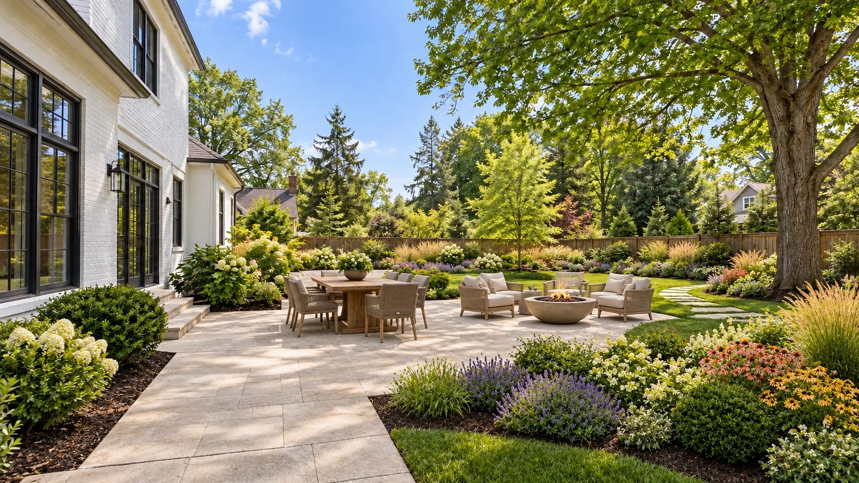 A ProStudio concept of the same backyard reimagined as an outdoor-living area with layered garden beds, a defined patio and warm lighting.