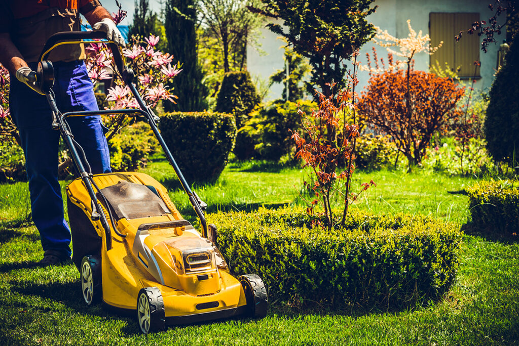 A man mows the grass with an electric mower. 